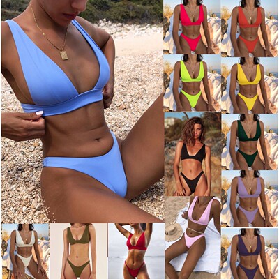 Solid color low neck strapless bikini纯色低领抹胸比基尼套装