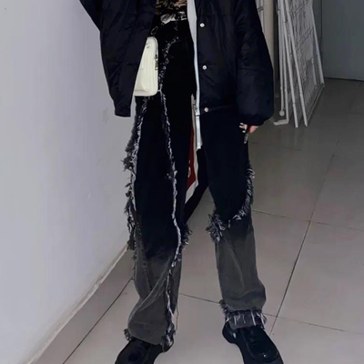 Gradient Raw Edge Straight Casual Jeans渐变色毛边直筒牛仔裤