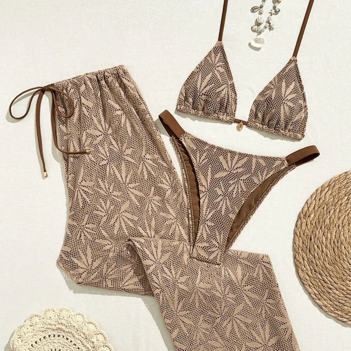 印花系带挂脖三件套泳衣 Printed lace up neck hanging swimsuit