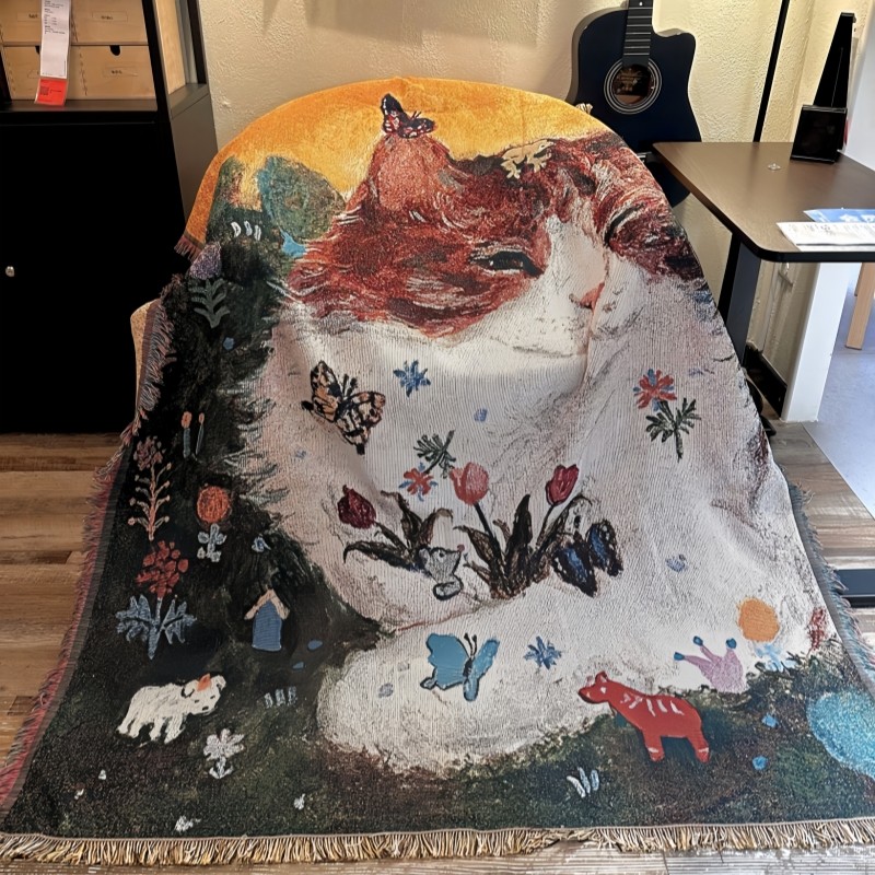 治愈装饰毯油画风毛毯小尺寸沙发盖布休闲毯床尾装饰毯复古沙发毯,居家布艺,沙发套,淘宝优惠券,粉丝福利购,淘宝优惠卷