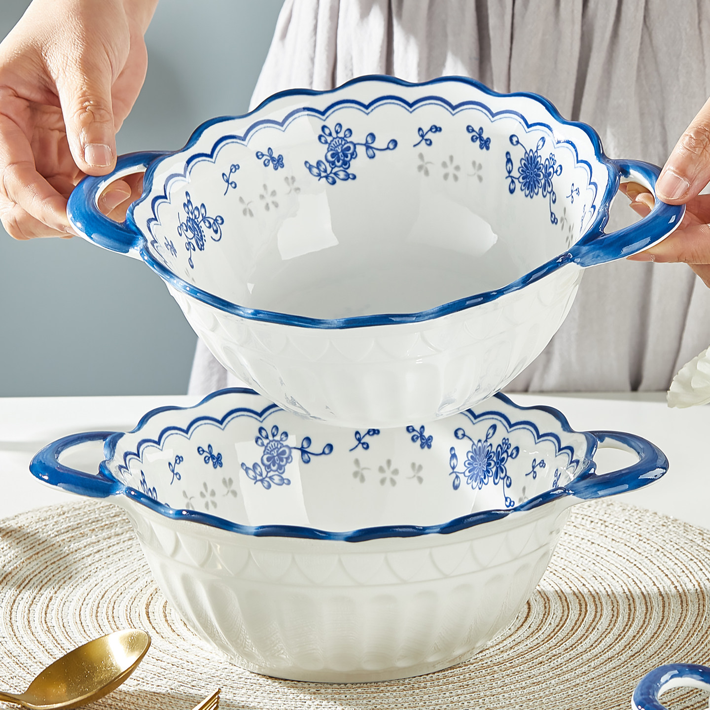 青花双耳汤碗陶瓷大汤碗家用釉下彩餐具加厚防烫面碗汤碗装汤餐具