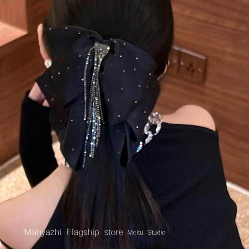 精致贵气~蝴蝶结流苏抓夹高级感时尚气质黑色缎面夹子头饰发夹女
