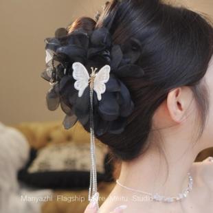 蝶恋花！超仙绢花蝴蝶流苏发夹！多层立体花朵气质发饰抓夹鲨鱼夹