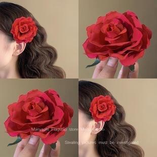 炙热红玫瑰边夹~红色玫瑰花朵发夹氛围感刘海碎发卡气质时尚发饰