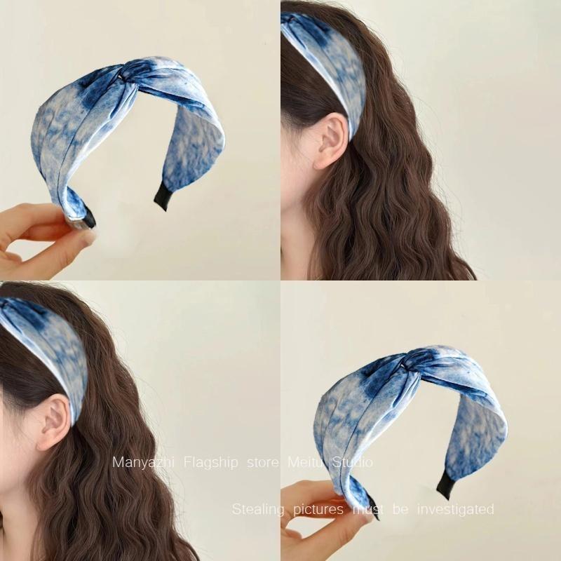 静谧蓝色！复古蓝高颅顶交叉发箍！油画版宽边头箍压发卡头饰女夏