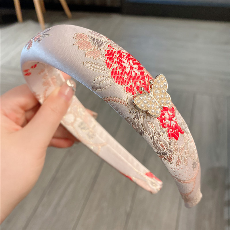 新中式印花国风丝带发箍女高颅顶洋气时尚宽发卡春夏珍珠蝴蝶头箍