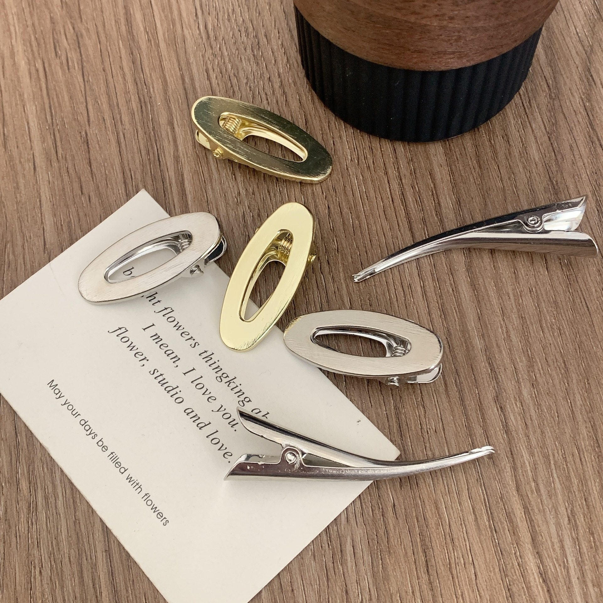 几何镂空金属拉丝面椭圆发夹边夹气质简约合金鸭嘴夹刘海夹子新款