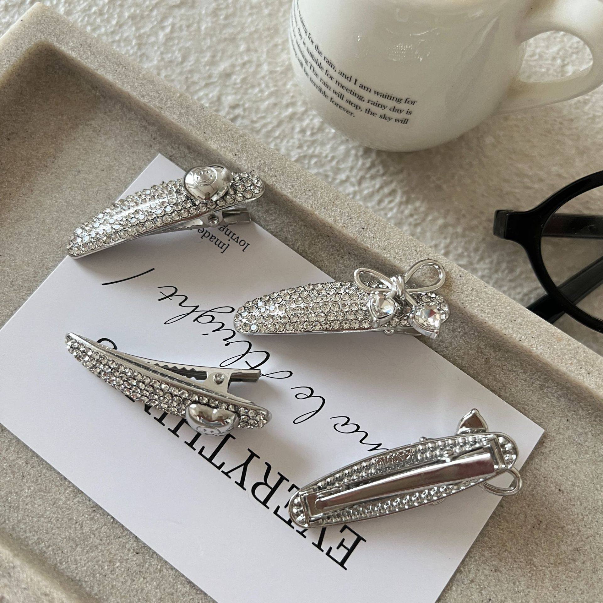 韩版重工轻奢闪钻银色金属鸭嘴夹发夹珍珠水滴形侧边刘海夹边夹女