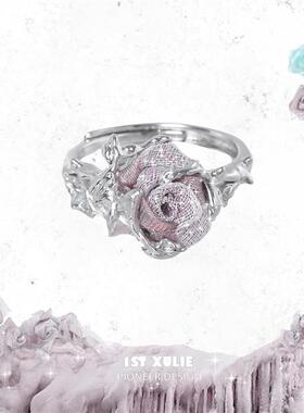 布艺玫瑰高级芋粉纯银戒指原创小众设计开口食指