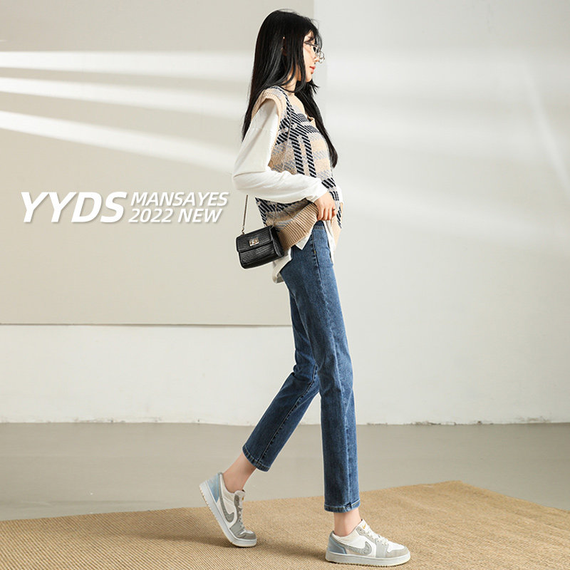 直筒牛仔裤女春秋季2022新款夏薄款高腰显瘦八分九分小个子烟管裤