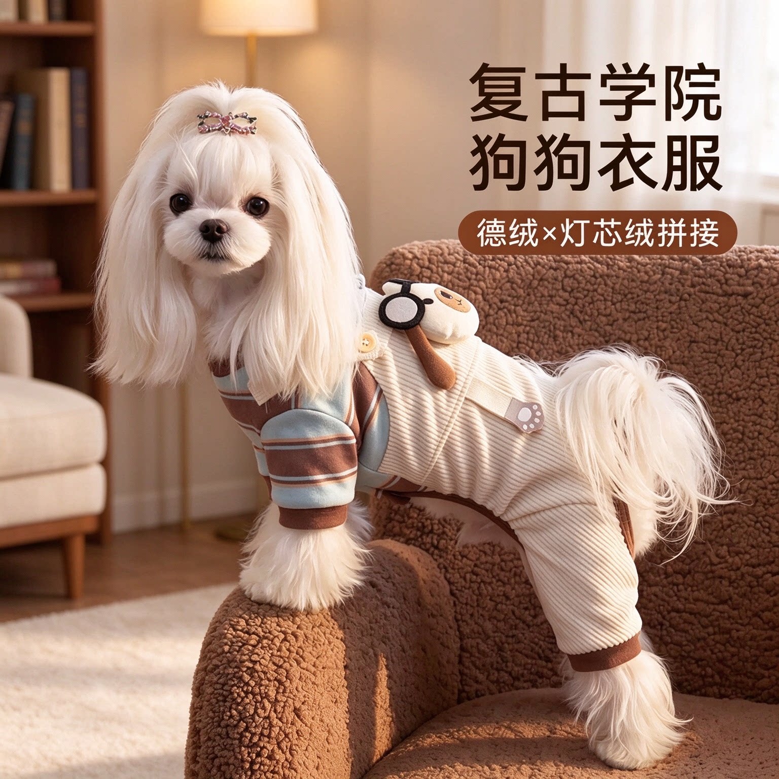 灯芯绒假两件背带裤宠物服装四脚衣秋冬保暖中小型犬比熊狗狗衣服
