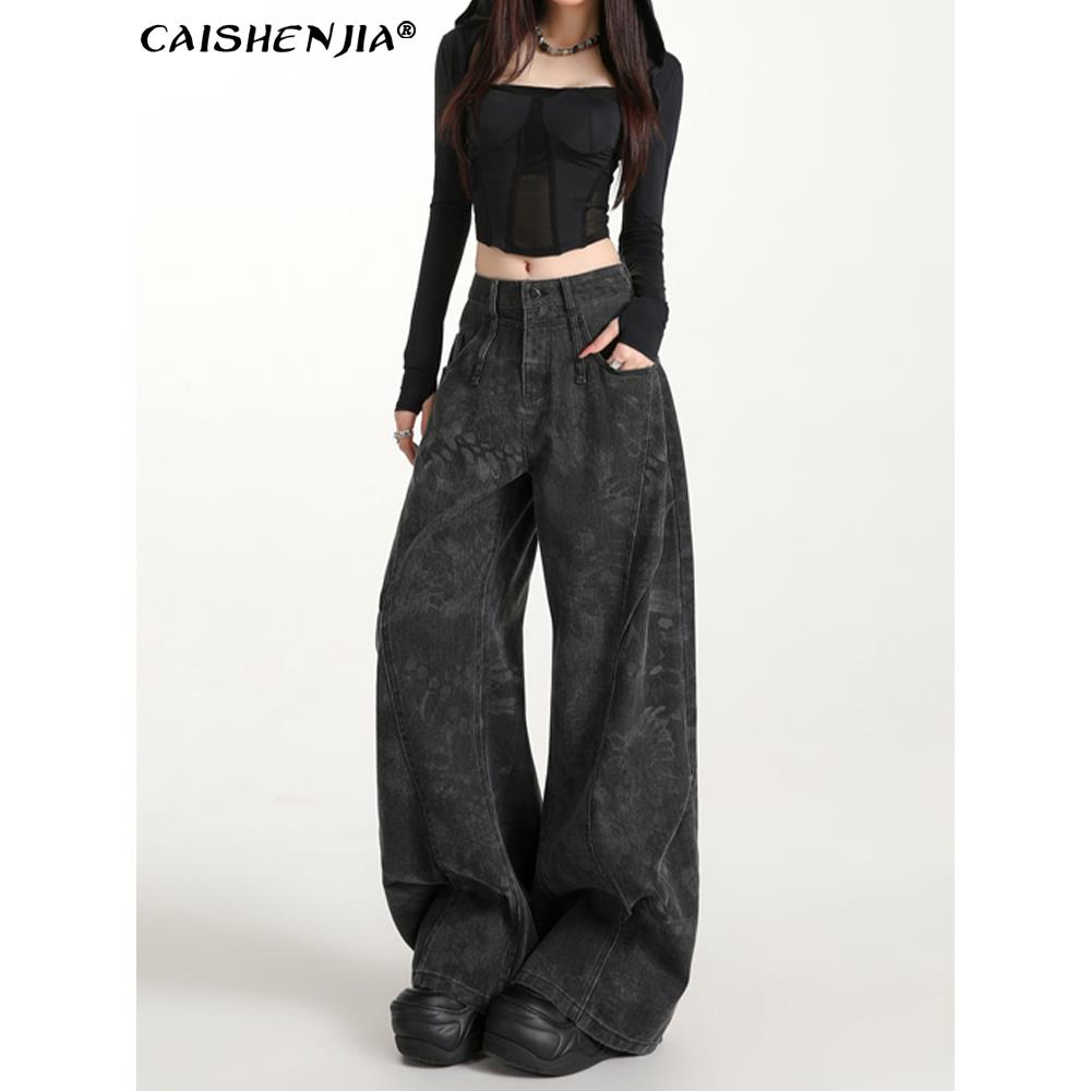 美式黑灰色印花阔腿牛仔裤女秋季新款小众设计感工装弯刀拖地裤子