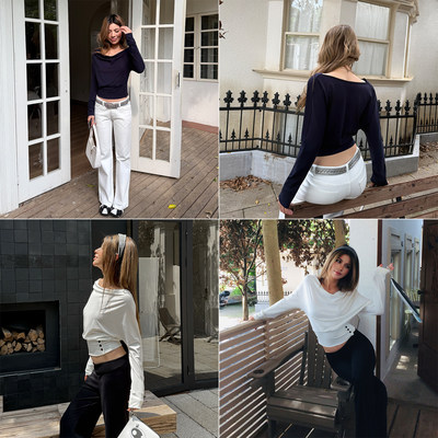 Audwyn天丝荡领收腰长袖T