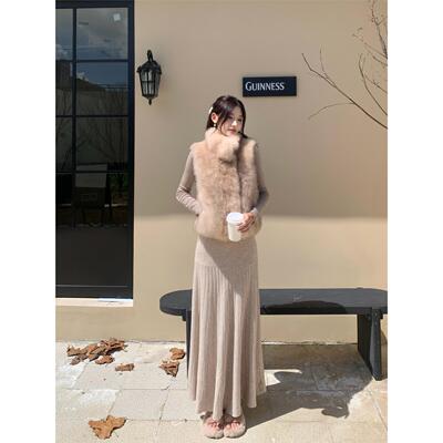 卡其色针织a字半身裙女秋