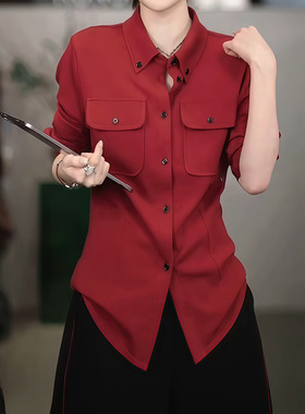 红色翻领长袖衬衫女2025冬季新款简约气质休闲显瘦通勤显白上衣潮