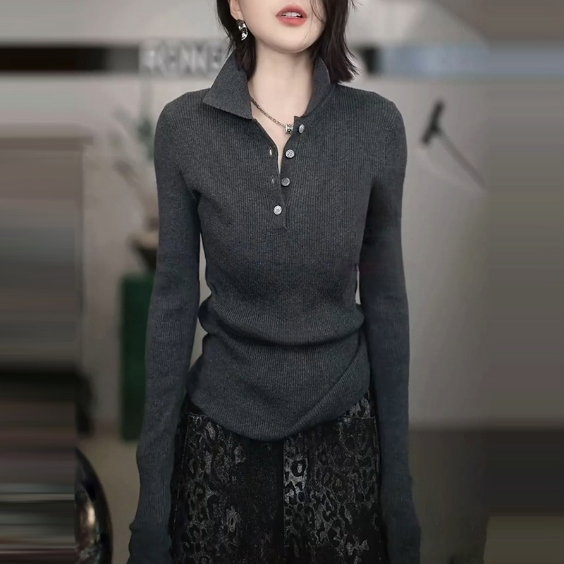 灰色polo领长袖针织衫女2025秋季新款高级感修身内搭翻领打底上衣