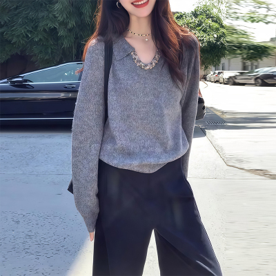 洋气减龄拼接翻领针织上衣
