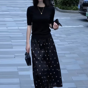 搭配波点半身裙两件套潮 夏季 新款 穿搭一整套高级感宽松短袖 针织衫