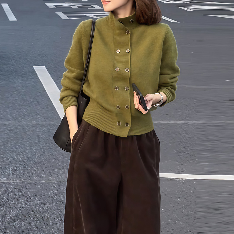气质高领双排扣绿色针织衫女