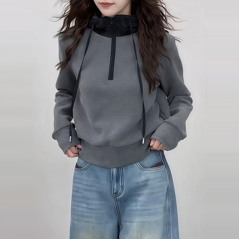 撞色连帽半拉链卫衣女秋冬