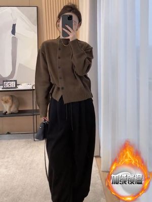 韩版半高领针织衫女深冬装搭配一整套加绒加厚休闲阔腿卫裤两件套