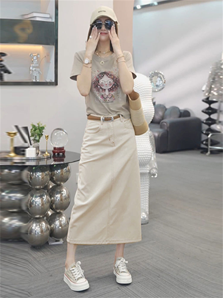 夏装搭配一整套时尚动漫印花圆领短袖t恤女式高腰百搭牛仔半身裙
