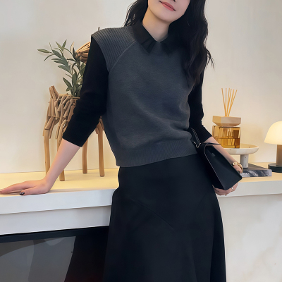 灰色马甲打底衫套装2025年秋冬新款时尚女装时尚休闲百搭两件套潮