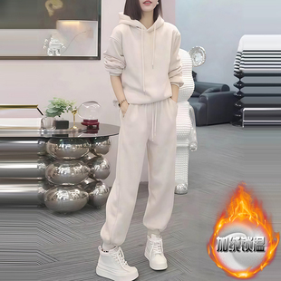 显瘦加厚束脚休闲裤 减龄气质加绒连帽卫衣套装 春季 女装 两件套 新款