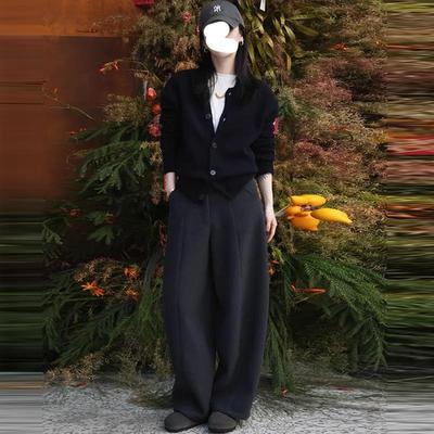 气质小个子纯色开衫阔腿裤两件套
