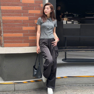 上衣直筒工装 港风两件套女夏季 修身 显瘦短袖 韩版 裤 短袖 Polo衫 套装