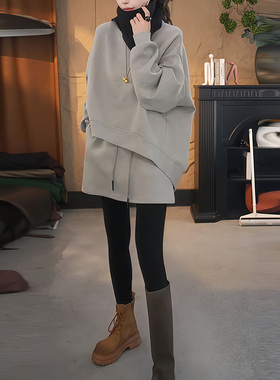高级感圆领卫衣套装女秋冬休闲纯色慵懒风加厚减龄半身裙两件套装