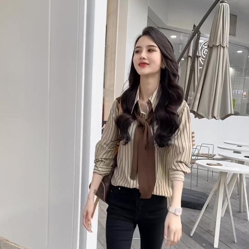 针织披肩条纹衬衫女新款