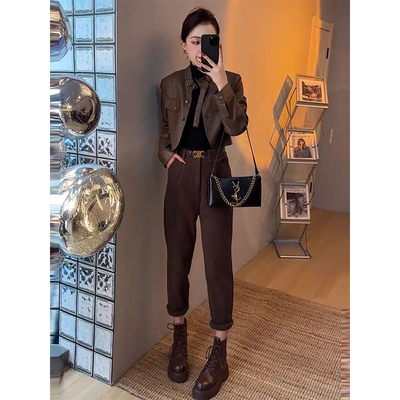 咖色皮外套上衣休闲裤两件套女