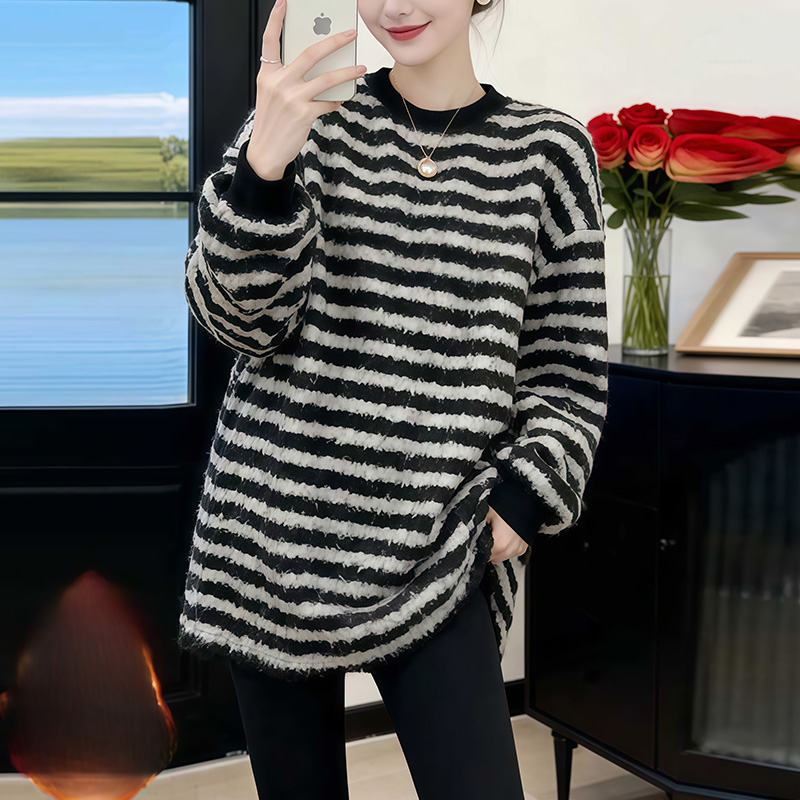 7167韩系撞色条纹宽松长袖卫衣女2025秋冬新款百搭上衣