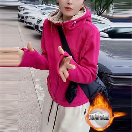 设计感短款加绒加厚正肩长袖连帽拉链卫衣女冬季百搭显瘦上衣外套