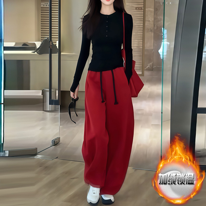 2025秋冬新款修身显瘦长袖打底衫T恤加绒加厚保暖卫裤女休闲套装