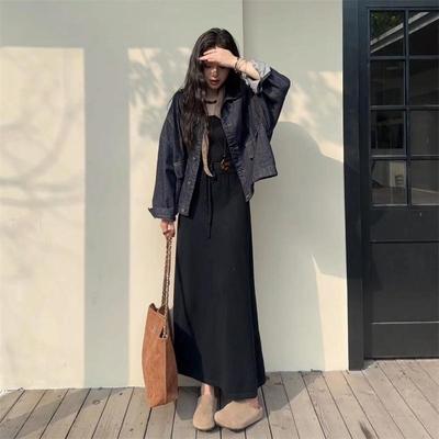 时尚简约纯色牛仔外套半身裙套装