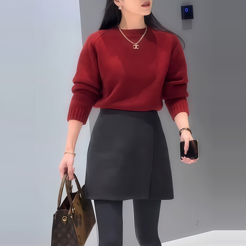 温柔风圆领显白针织打底衫女毛衣春冬高级感百搭显瘦半身裙子套装