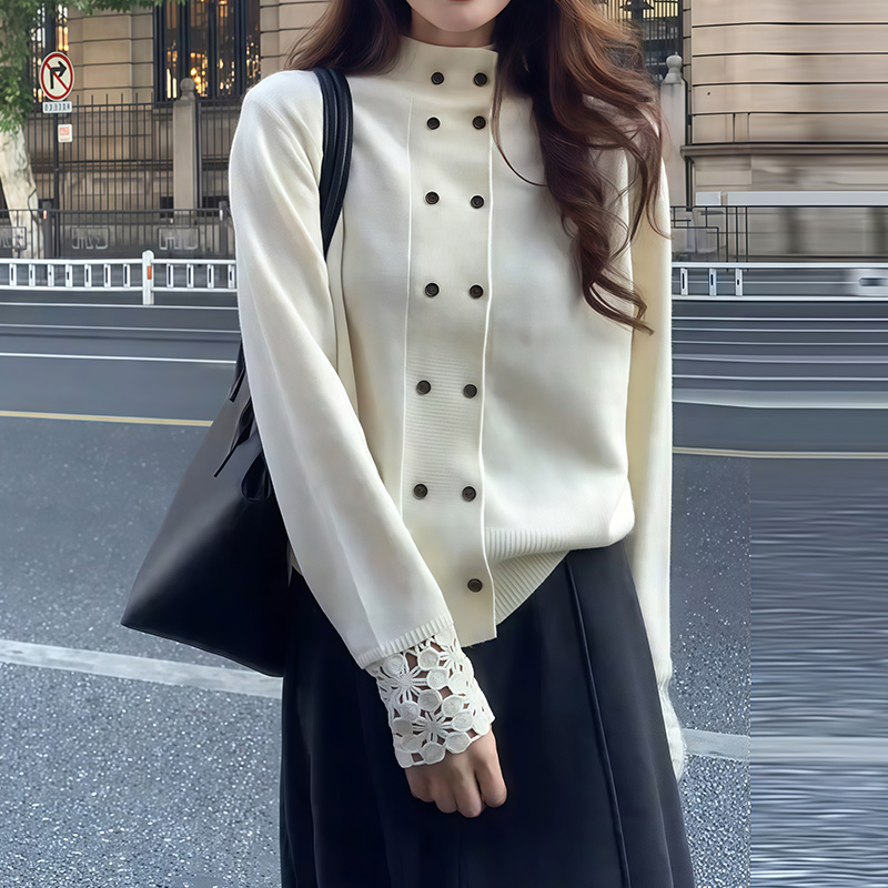 老钱风立领双排扣针织开衫女秋冬