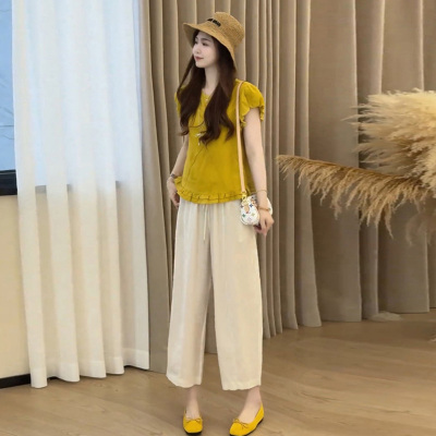 花边淑女衬衫高腰直筒九分裤套装