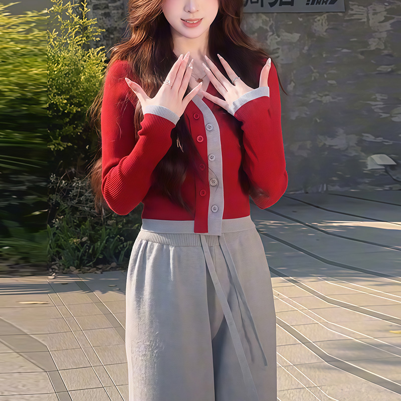 韩版拼色针织衫女开衫系带收