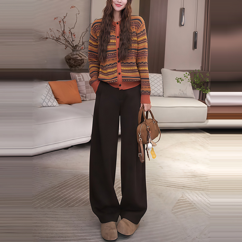 复古条纹针织衫阔腿裤套装女秋冬
