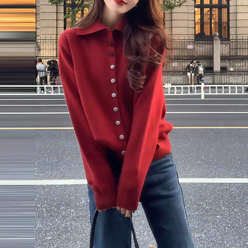 红色Polo领针织开衫女秋冬高级感