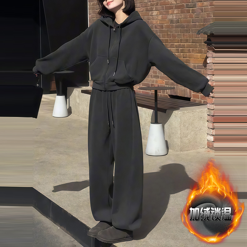 休闲运动风连帽卫衣套装女秋冬