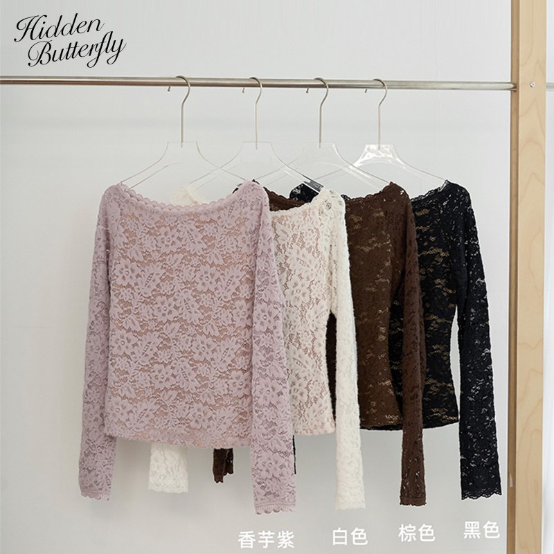 Hidden Butterfly一字领绒感蕾丝肤色网纱内衬长袖T恤女打底衫