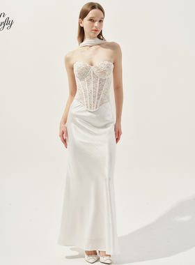 Hidden Butterfly半身裙鱼尾优雅包臀鎏光垂感斜裁修身醋酸半裙白