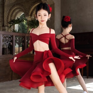 春季新款表演演出服拉丁舞服女童高级感长袖鱼骨大摆裙比赛服花服