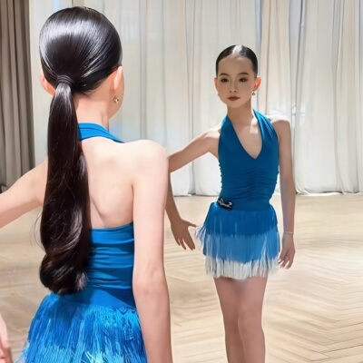 夏季拉丁女童挂脖上衣流苏包臀裙