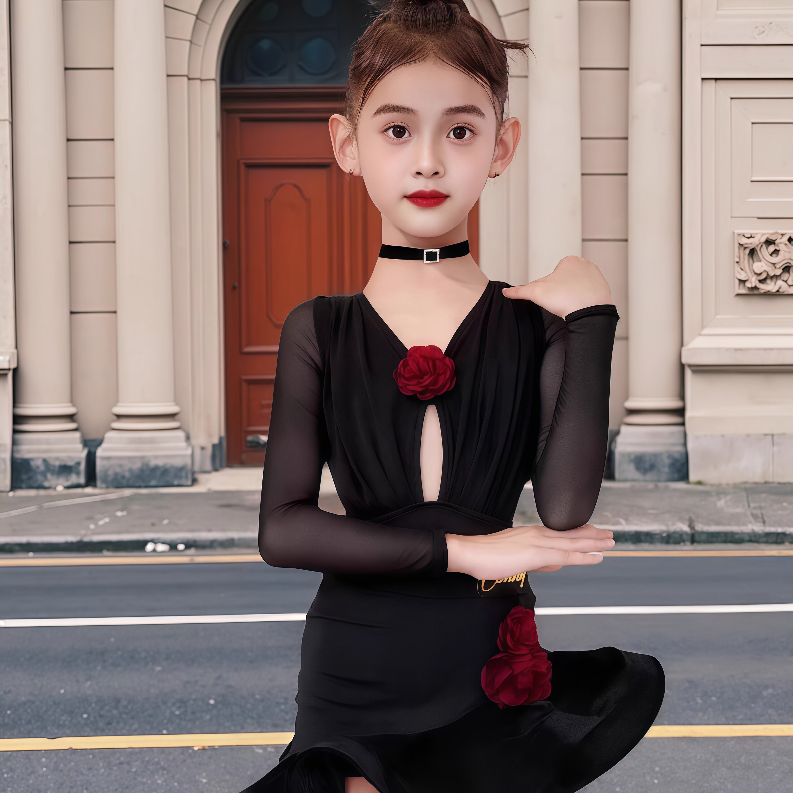 2026春季拉丁舞服女童高级感长袖网纱花朵上衣分体鱼骨裙演出套装