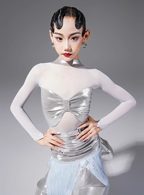FZS同款冬新款拉丁舞服女长袖烫金拼接网纱流苏裙银色演出套装